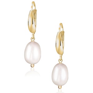 14k SOLID GOLD Pearl Earrings · LYRA, 18k Huggie Bridal Earrings, June Birthstone, White Gold Hoop Leverback Earrings, Handmade Jewelry