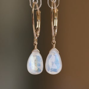 14k Gold Moonstone Earrings, Solid Rose Gold Rainbow Moonstone Earrings, White Gold Drop Leverback Earrings, 18k Gold Handmade Jewelry