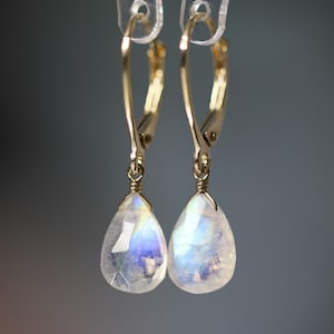 Regenboogmaansteen oorbellen • Massief 14k of 18k goud of sterling zilver • Geboortesteen van juni • Oorbellen met klapsluiting