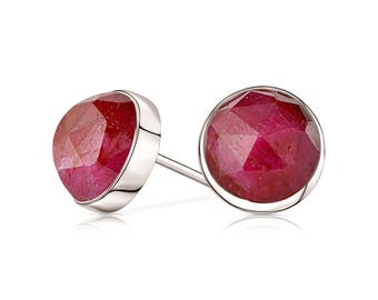 Tiny Raw Ruby Stud Earrings in Sterling Silver, July Birthstone, 4mm Rose Cut Red Ruby Earrings, Handmade Jewelry