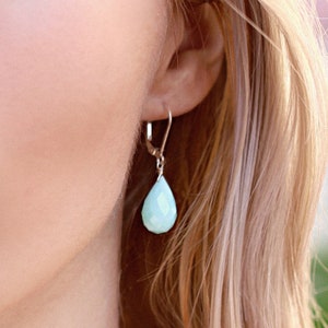 Large Blue Opal Drop Earrings in Solid 14k Yellow, Rose or White Gold, October Birthstone, Natural Stone Dangle Leverback Earrings