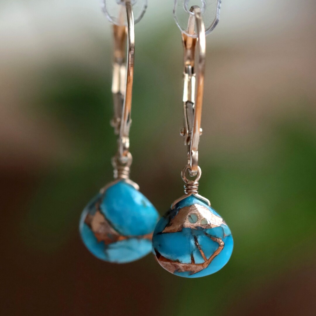 14k Gold Turquoise Earrings, Genuine Mojave Turquoise Dangle Earrings