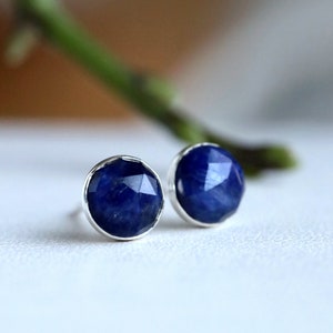 Blue Sapphire Stud Earrings in Sterling Silver, September Birthstone Earrings, 4mm, 8mm, 10mm Rose Cut, Handmade Jewelry