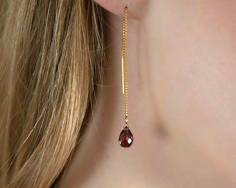 Garnet Threader Earrings, 14k Rose Gold Crystal Dangle Drop Earrings, January Birthstone, Handmade Jewelry