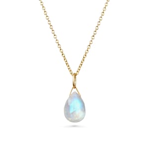 Regenbogen Mondstein Anhänger in 585 Gelb-, Rosé- oder Weißgold, Juni Geburtsstein, zierliche Tropfen Charm Kristall, handgemachter Schmuck