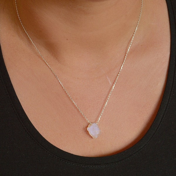 Raw Moonstone Necklace, Sterling Silver Rainbow Moonstone Necklace, June Birthstone, Raw Crystal Necklace, Handmade Jewelry