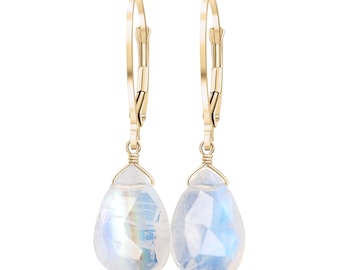 Rainbow Moonstone Earrings in Solid 14k Yellow, Rose or White Gold, June Birthstone Drop Leverback Earrings, 18k Gold Handmade Jewelry