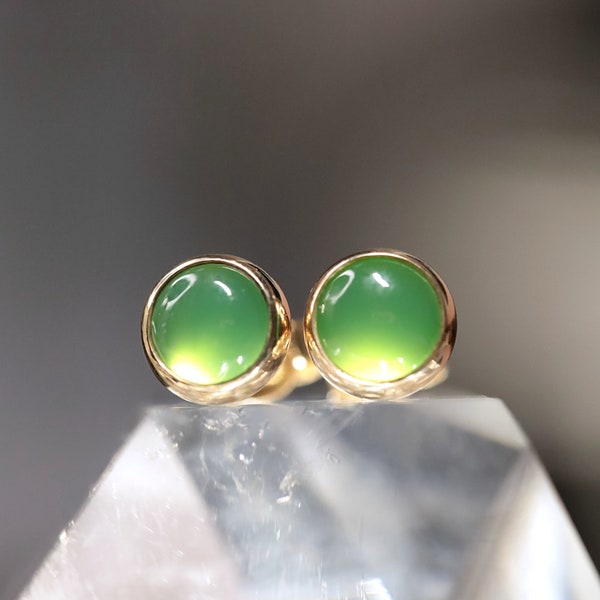 Chrysoprase Earrings, Chrysoprase Stud Earrings, Solid 14k Rose Gold Earrings, Sterling Silver, Green Gemstone, Handmade Jewelry