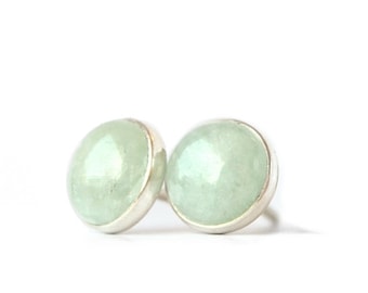 Aquamarine Stud Earrings, Raw Aquamarine Earrings in Sterling Silver, Natural Milky Green Crystal Earrings, Handmade Jewelry
