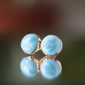 Dominican Larimar Stud Earrings in Solid 14k Yellow, Rose, or White Gold, 6mm or 8mm Blue Gemstone, Handmade Jewelry Gift for Her