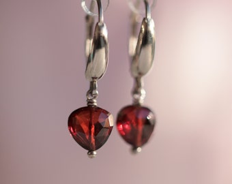 Garnet Earrings, 14k Gold Leverback Earrings, Heart Garnet Huggie Earrings, 14k Rose Gold Earrings, Handmade Jewelry