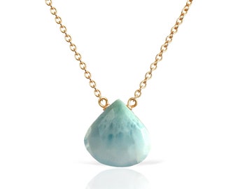 14k Gold Larimar Necklace, Dominican Larimar Pendant, Caribbean Ocean Blue Gemstone, Handmade Jewelry