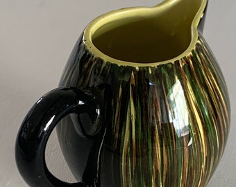 St. Clement Glazed Ceramic Creamer Made in France: FREE SHIPPING 1950s Imported Pitcher with Yellow, Green, and Black Glaze