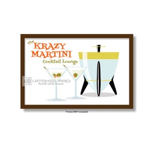 mcm wall Art, Cocktail Bar Art, Mid Century Modern Atomic Glassware Vintage style Martini Glass, Gift for bartender home Bar KRAZY MARTINI image 1