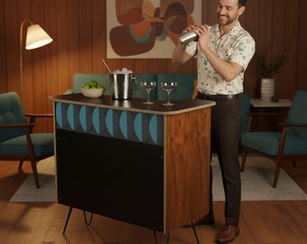 Home bar, mid century modern bar, reception desk, front desk - stand alone cabinet mcm Tiki retro boomerang design