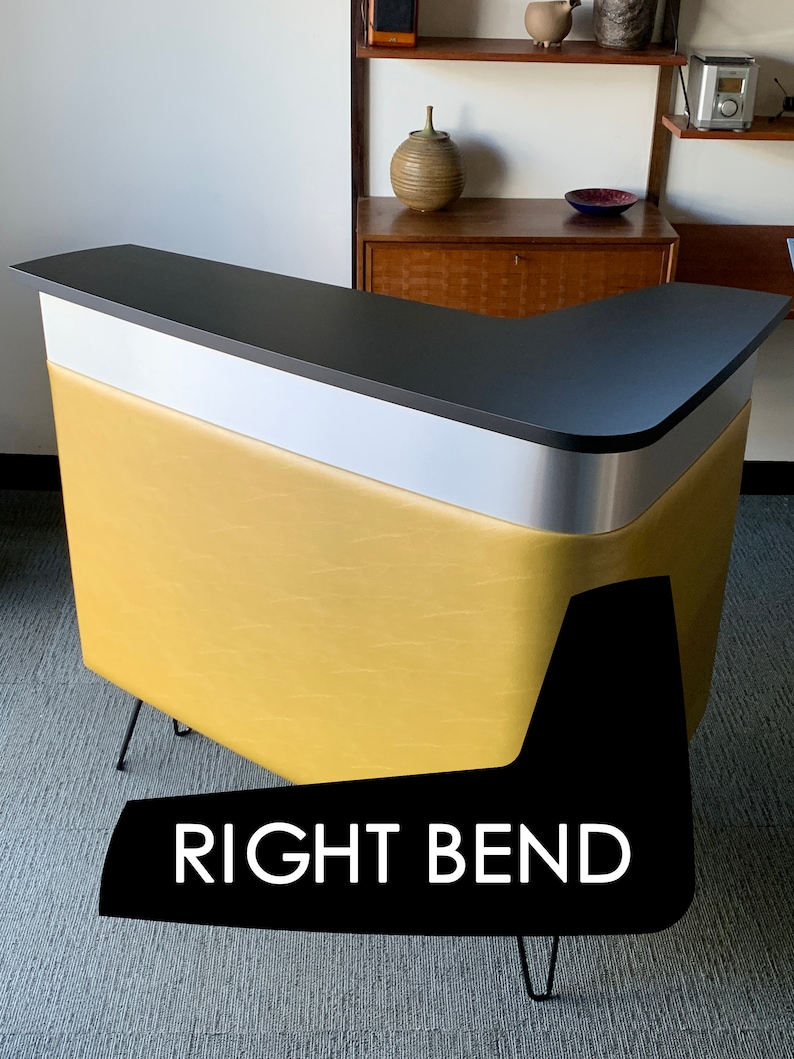 Mid century modern home bar, cabinet, front reception desk, L-shape counter, stand alone vintage retro style, right bend boomerang top image 2