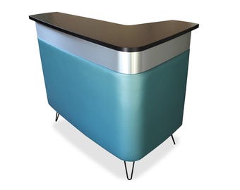 Mid century modern home bar, cabinet, front reception desk, L-shape counter, stand alone vintage retro style, right bend boomerang top