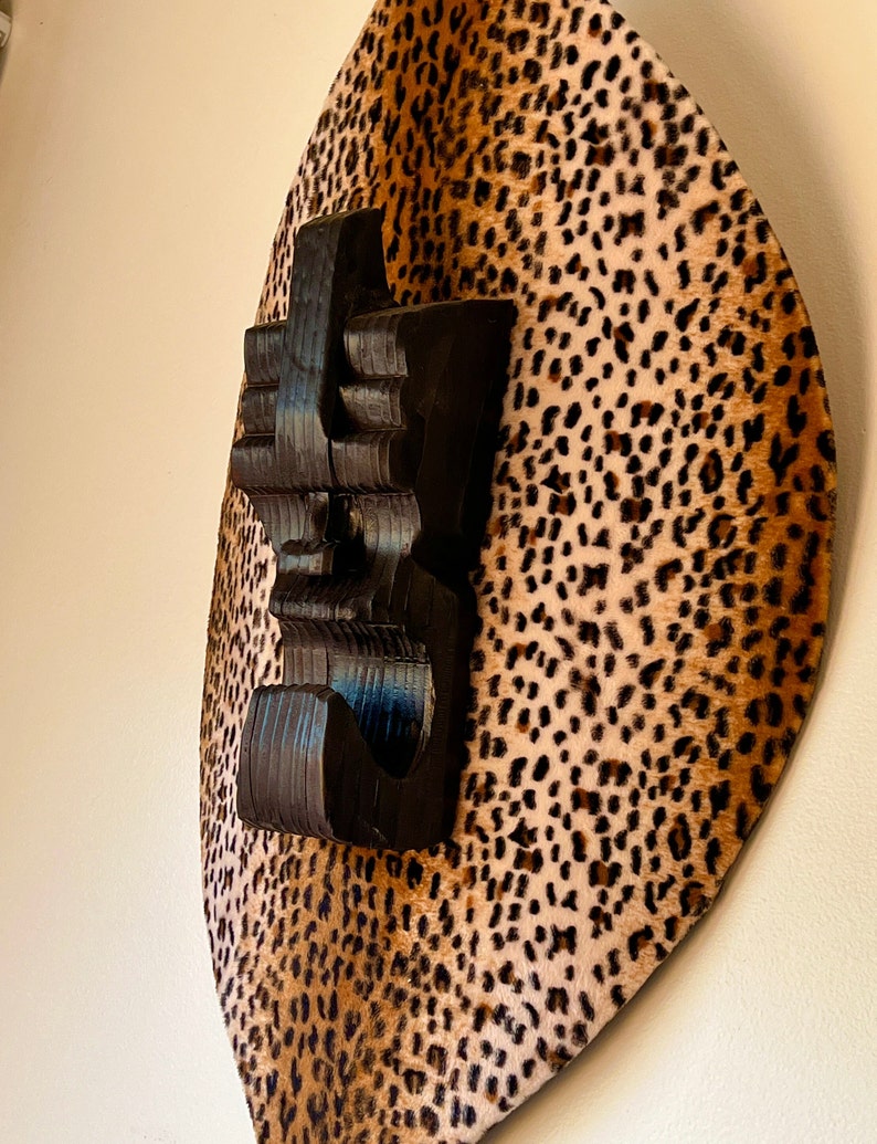 Tiki Decor, tiki on shield, cheetah, Witco style, Tiki bar, tiki head mask, Tiki god,faux fur mcm Tiki retro design image 1