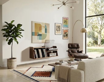 Floating Vinyl Record Storage and Turntable Console, Mid-Century Modern, holds 90 LPs, Handcrafted in California NO LEGS