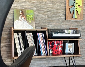 Record player stand with Turntable Console, Mid-Century Modern, Baltic Birch & Walnut, Holds 90 LPs, Handcrafted in California