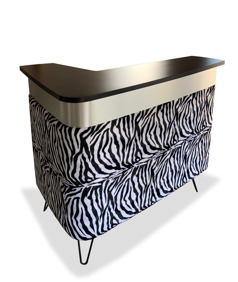 Home bar mid century modern bar, reception desk, front desk Zebra faux fur Tiki retro style boomerang design with left bend, made to order image 1