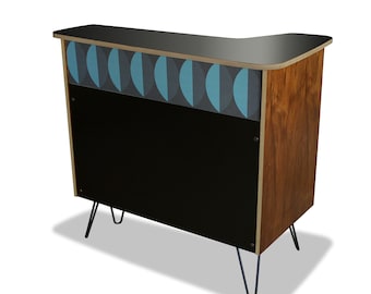 Home bar, mid century modern bar, reception desk, front desk - stand alone cabinet mcm Tiki retro boomerang design