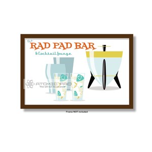 Cocktail Bar Wall Art, Mid Century Modern Atomic Glassware Vintage style Martini Glass, Gift for bartender home bar Cocktails RAD PAD BAR image 1