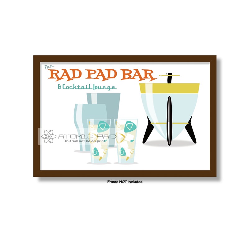 Cocktail Bar Wall Art, Mid Century Modern Atomic Glassware Vintage style Martini Glass, Gift for bartender home bar Cocktails RAD PAD BAR image 1