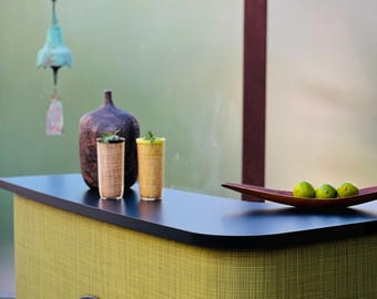Home cocktail bar mid century modern, Exotica Zen, reception desk, front counter, stand alone vintage retro style boomerang top, right bend.