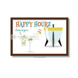 Cocktail Bar Wall Art, Mid Century Modern Atomic Glassware Vintage style Martini Glass, Gift for bartender home bar Cocktails HAPPY HOURZ image 1