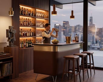 Luxury Mid-Century Home Bar - Modern Cocktail Cabinet - Gold or Stainless trim - Made in California - Left Bend.