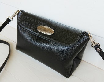 Black Leather Bag, Small genuine leather purse, Small Handbag, Crossbody leather bag
