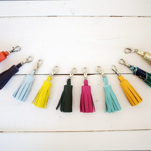 Small leather tassels, Leather Bag charm, Custom colors, Gift for her