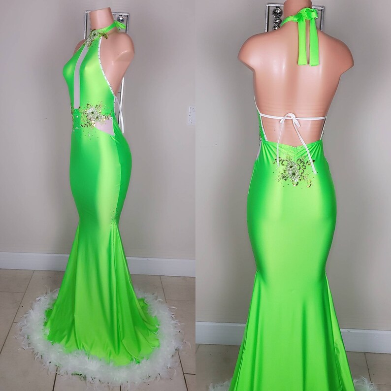 Custom Made Neon Green Gown With Feathers/prom Gown/prom Dress | Etsy