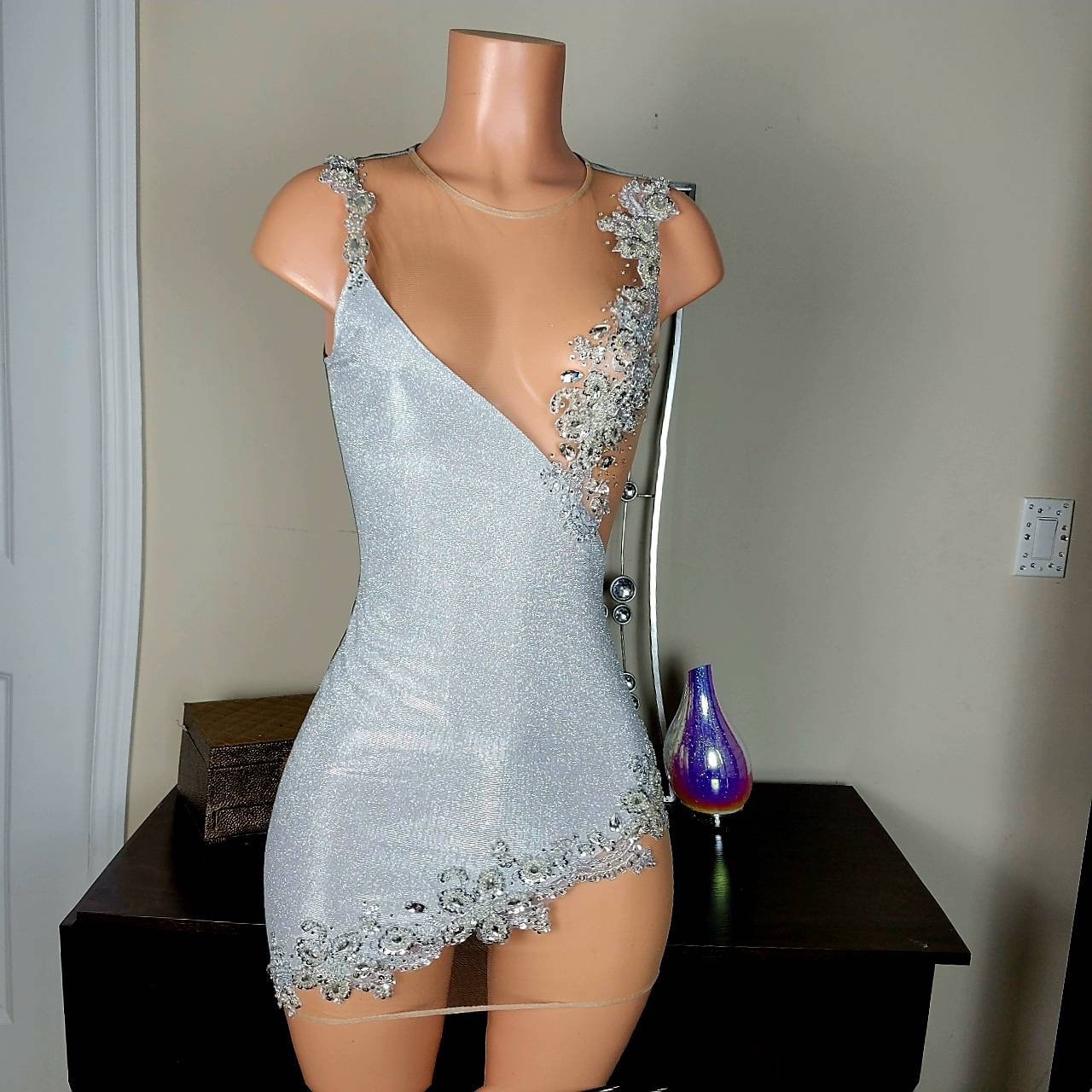 slim fit dress slacks Malita Silver Sequin Gold Trim Party Mini Dress - US 0