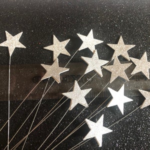 May include: A set of 12 silver glitter star cake toppers with wire stems. The stars are approximately 2.5 cm in size.