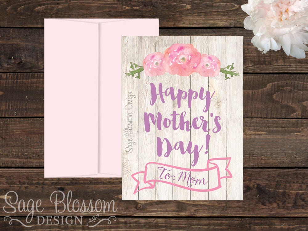 Printable Watercolor Mothers Day Card Pretty Floral Design happy Mother ...