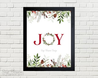 Joy Christmas printable art, wreath, watercolor greenery, plaid, winter holiday decor, Natural Christmas, 3 text options included, Download