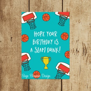 May include: A turquoise blue birthday card with a basketball theme. The card has a basketball hoop and basketballs on a turquoise blue background. The text on the card reads 