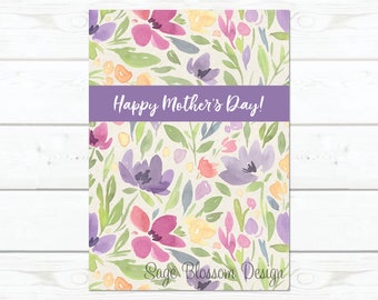 Printable Floral Mothers Day Card - Watercolor flowers - Digital - "Happy Mother's Day" - Instant Download - Pretty purple & pink flowers