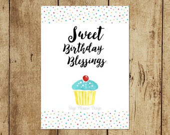 Printable Birthday Card - Sweet Birthday Blessings - Watercolor cupcake & confetti - Instant download - Digital file - Inside verse included