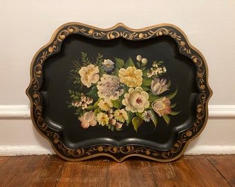 Vintage black tole metal tray with pink and white flowers and gold handles