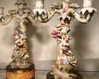 Italian Capodimonte Candelabra Electric Lamps