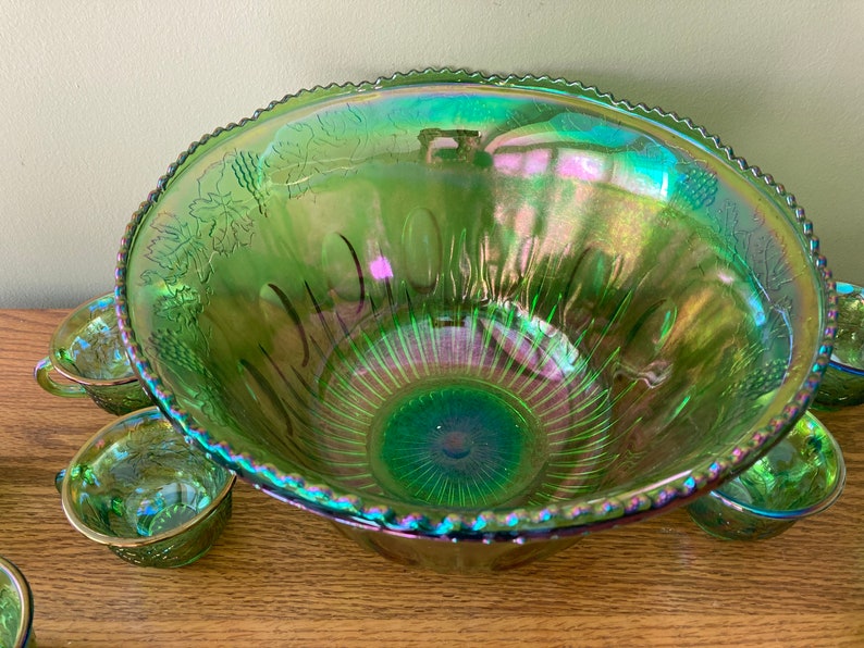 Green Carnival Glass Punch Bowl Set Etsy