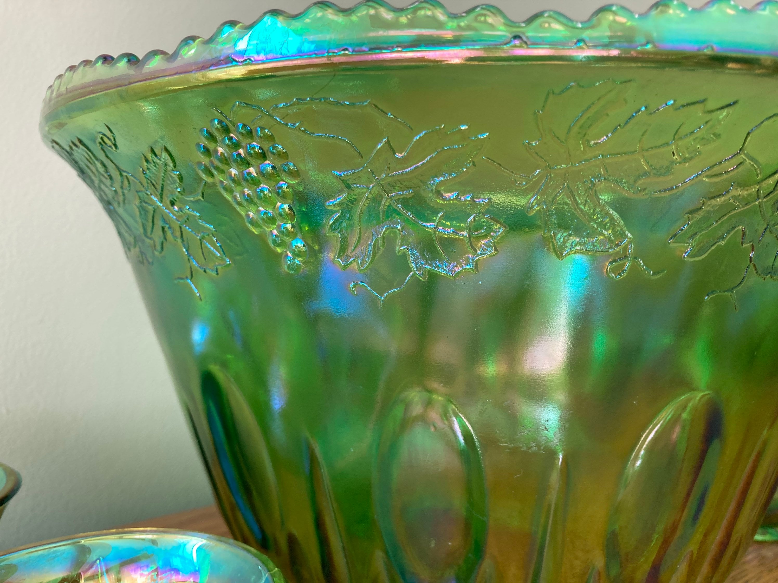 Green Carnival Glass Punch Bowl Set Etsy