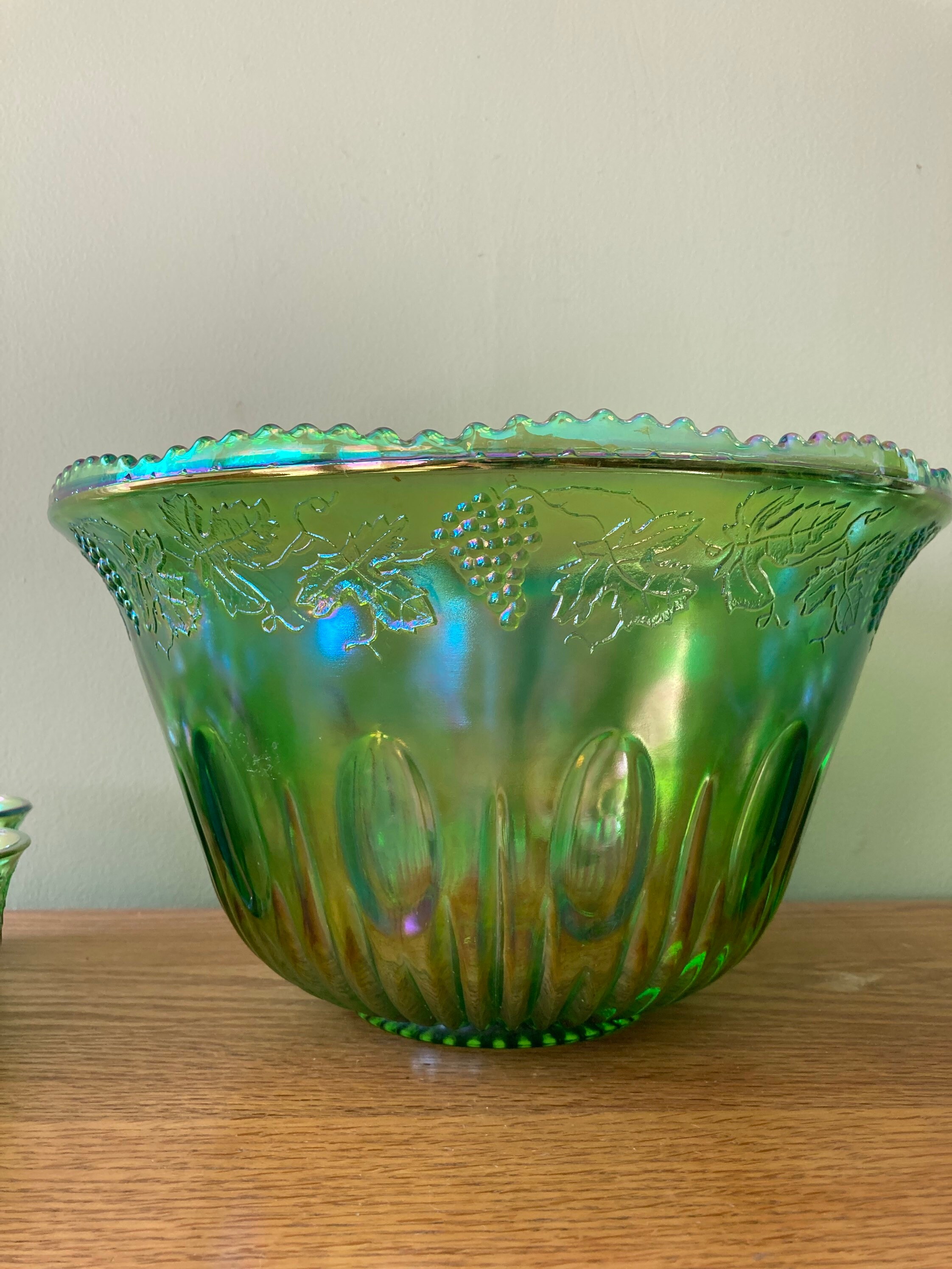 Green Carnival Glass Punch Bowl Set Etsy