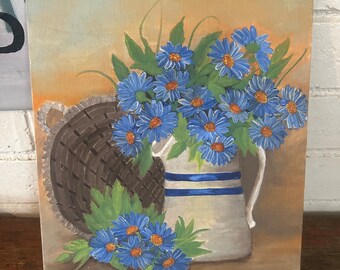 Vintage Still Life Painting Blue Daisies Crock Basket