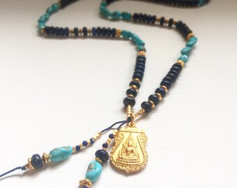 Lapis Lazuli, Sleeping beauty Turquoise and 24k Gold Vermeil Buddha Mala