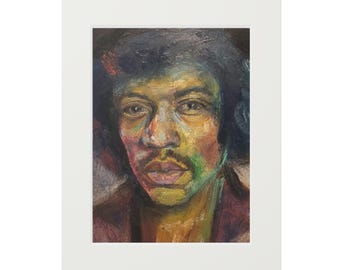 May include: An oil painting portrait of Jimi Hendrix featuring visible brushstrokes and a vibrant color palette of blues, yellows, and deep reds. The artwork is presented within a clean white mat board border, highlighting the textured facial features.