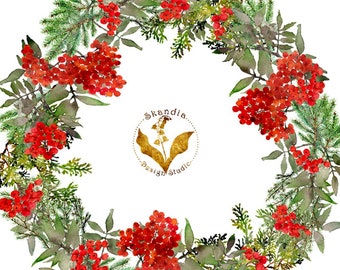 Christmas clipart, Watercolor clipart, Christmas wreath clipart, Christmas watercolor, Berry wreath, Evergreen wreath, Mountain ash wreath